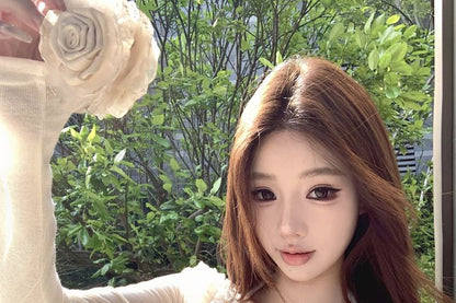 Halter Plain Lace Trim Top / Plain Ruffle Bolero