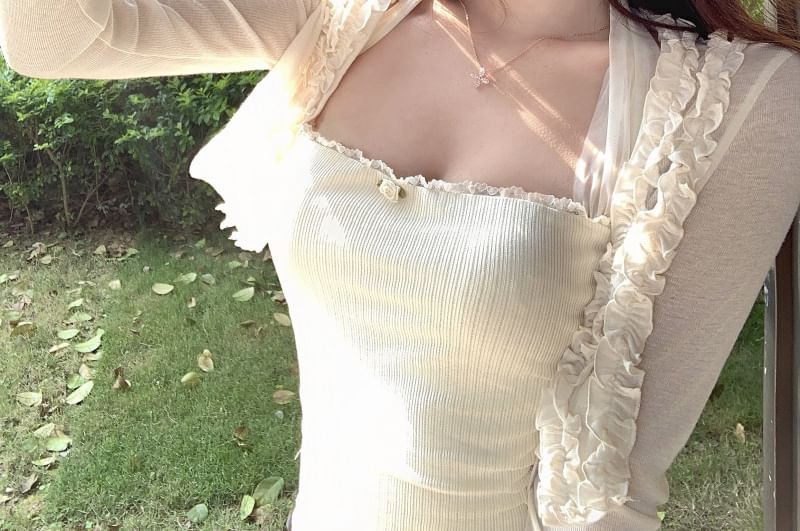 Halter Plain Lace Trim Top / Plain Ruffle Bolero