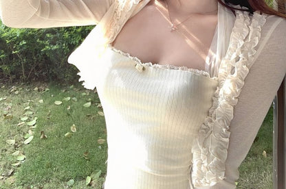 Halter Plain Lace Trim Top / Plain Ruffle Bolero