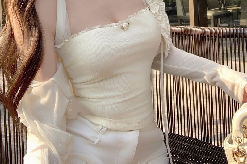 Halter Plain Lace Trim Top / Plain Ruffle Bolero