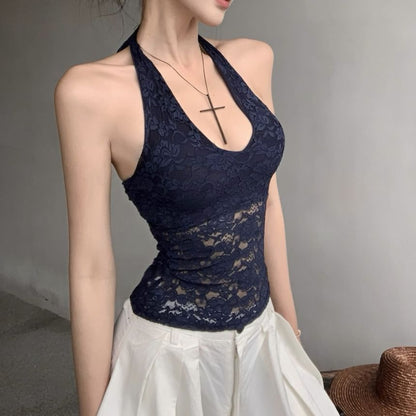 Halter Plain Lace Top / High Waist Plain Wide Leg Pants