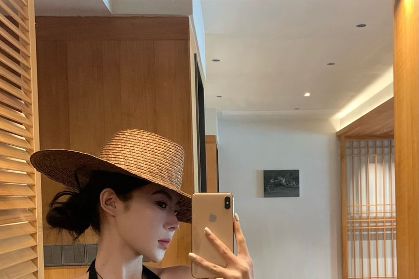 Halter Plain Lace Top / High Waist Plain Wide Leg Pants