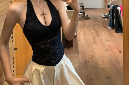 Halter Plain Lace Top / High Waist Plain Wide Leg Pants