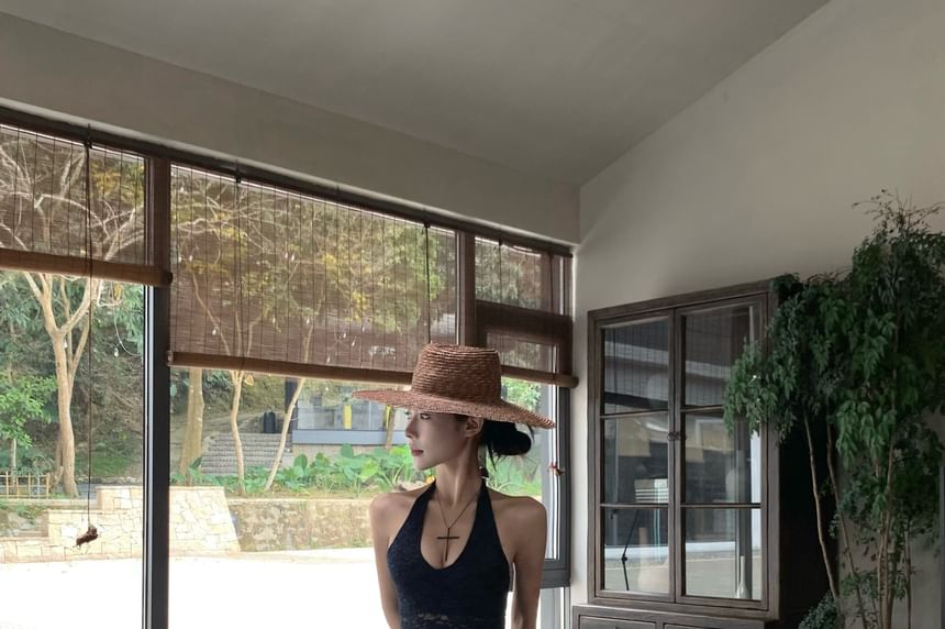 Halter Plain Lace Top / High Waist Plain Wide Leg Pants