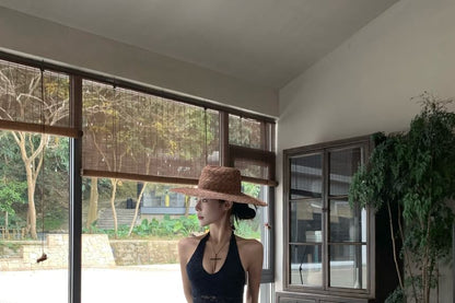 Halter Plain Lace Top / High Waist Plain Wide Leg Pants