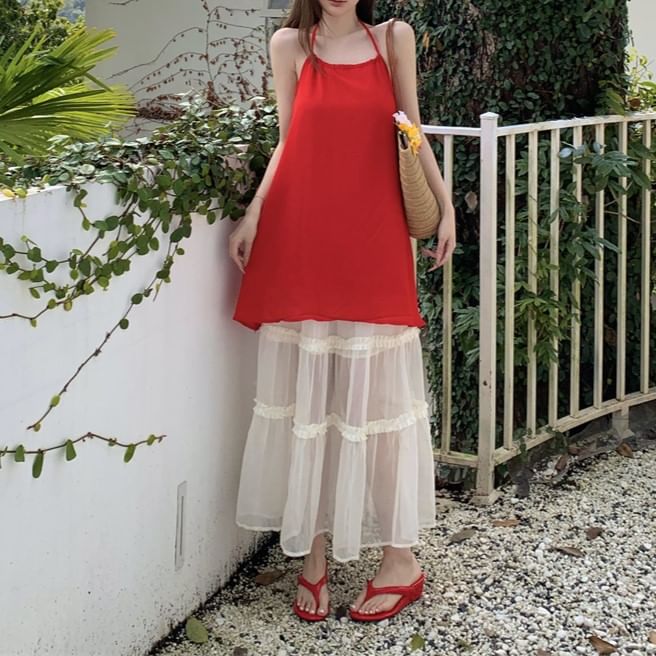 Halter Plain Mini A-Line Dress / High Rise Plain Tiered Mesh Maxi A-Line Skirt