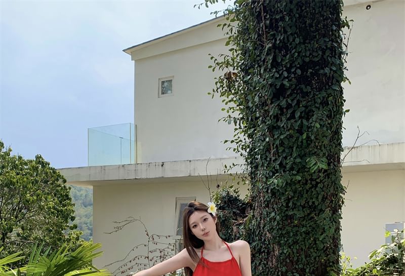 Halter Plain Mini A-Line Dress / High Rise Plain Tiered Mesh Maxi A-Line Skirt