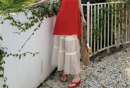 Halter Plain Mini A-Line Dress / High Rise Plain Tiered Mesh Maxi A-Line Skirt