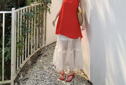 Halter Plain Mini A-Line Dress / High Rise Plain Tiered Mesh Maxi A-Line Skirt