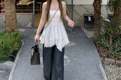 Plain Ruffle Lace Trim Tube Top