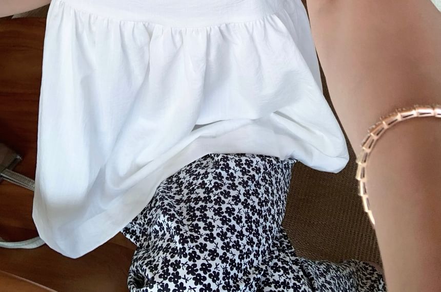 Notch Neck Plain Camisole Top / High Waist Floral Print Wide Leg Pants