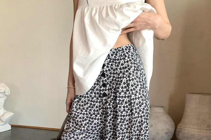 Notch Neck Plain Camisole Top / High Waist Floral Print Wide Leg Pants