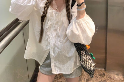 Long Sleeve Round Neck Plain Ruffle Blouse