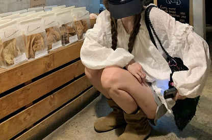 Long Sleeve Round Neck Plain Ruffle Blouse