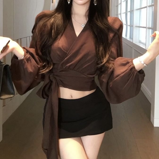 Long Sleeve V-Neck Plain Crop Wrap Blouse