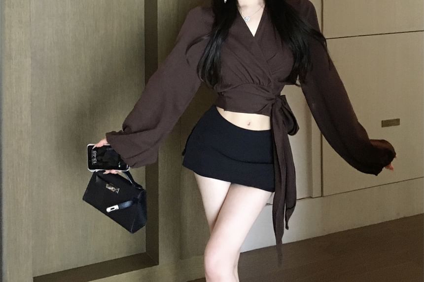 Long Sleeve V-Neck Plain Crop Wrap Blouse