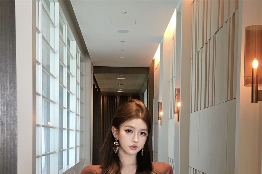 Long Sleeve V-Neck Plain Crop Wrap Blouse