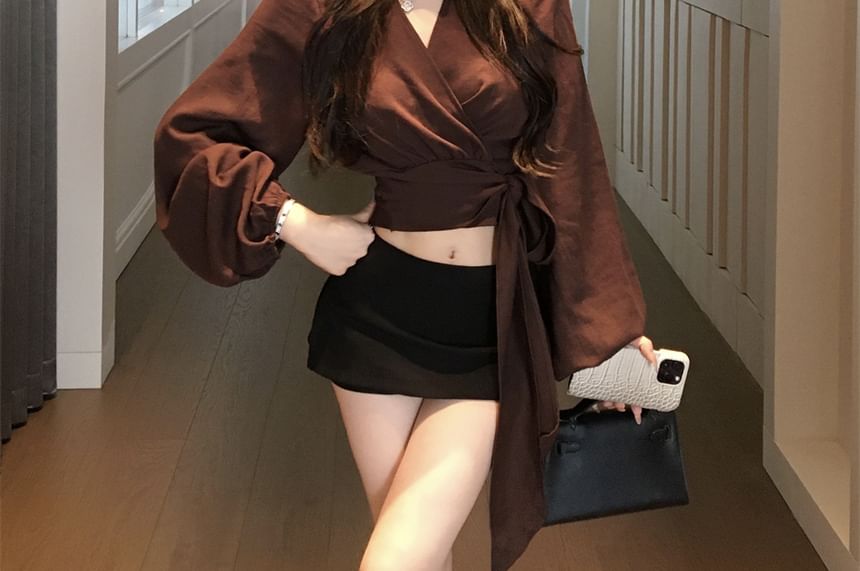 Long Sleeve V-Neck Plain Crop Wrap Blouse