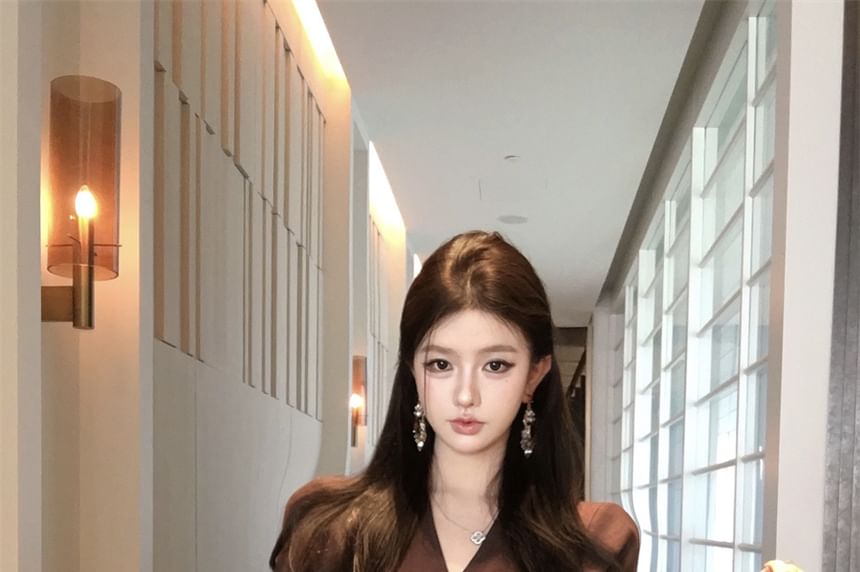 Long Sleeve V-Neck Plain Crop Wrap Blouse