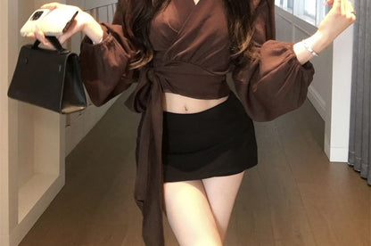 Long Sleeve V-Neck Plain Crop Wrap Blouse