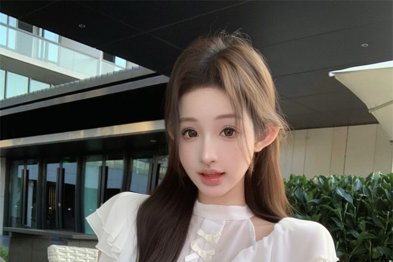 Cap Sleeve Mock Neck Plain Bow Ruffle Panel Blouse / High Rise Plain Maxi Fishtail Skirt