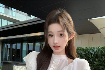 Cap Sleeve Mock Neck Plain Bow Ruffle Panel Blouse / High Rise Plain Maxi Fishtail Skirt