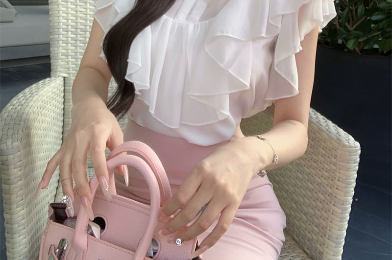 Cap Sleeve Mock Neck Plain Bow Ruffle Panel Blouse / High Rise Plain Maxi Fishtail Skirt