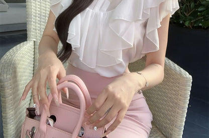 Cap Sleeve Mock Neck Plain Bow Ruffle Panel Blouse / High Rise Plain Maxi Fishtail Skirt