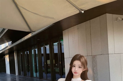 Cap Sleeve Mock Neck Plain Bow Ruffle Panel Blouse / High Rise Plain Maxi Fishtail Skirt