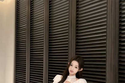 Cap Sleeve Mock Neck Plain Bow Ruffle Panel Blouse / High Rise Plain Maxi Fishtail Skirt