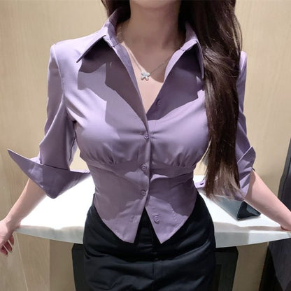 3/4 Sleeve Collared Plain Shirt