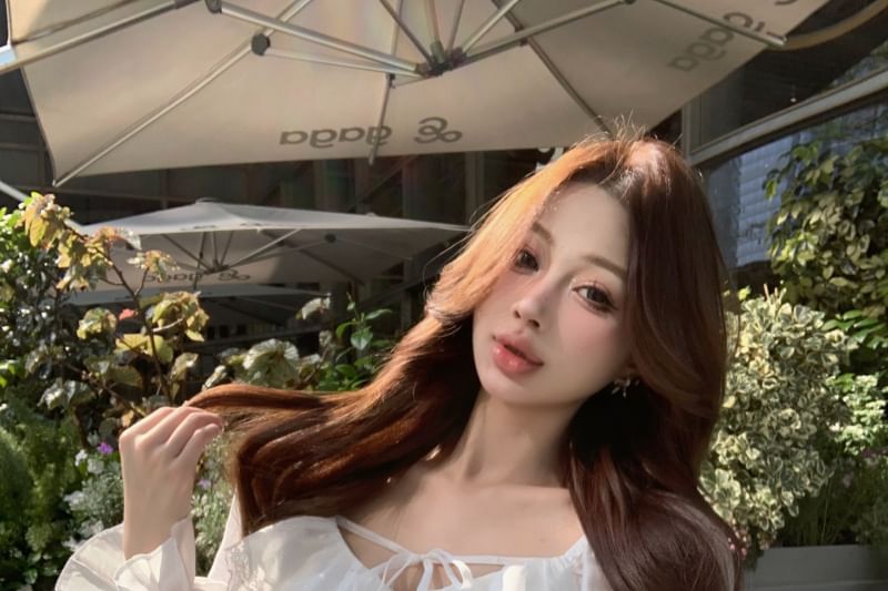 Long Sleeve V-Neck Plain Ruffle Tie Front Lace Trim Blouse / Mini Pencil Skirt