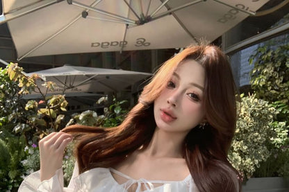 Long Sleeve V-Neck Plain Ruffle Tie Front Lace Trim Blouse / Mini Pencil Skirt