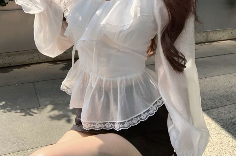 Long Sleeve V-Neck Plain Ruffle Tie Front Lace Trim Blouse / Mini Pencil Skirt