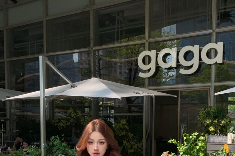 Long Sleeve V-Neck Plain Ruffle Tie Front Lace Trim Blouse / Mini Pencil Skirt