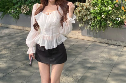 Long Sleeve V-Neck Plain Ruffle Tie Front Lace Trim Blouse / Mini Pencil Skirt