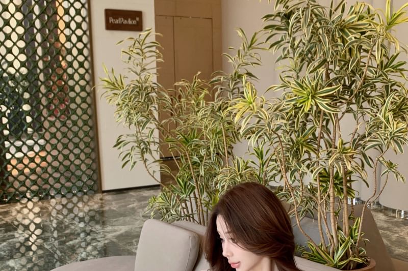 Long Sleeve V-Neck Plain Ruffle Tie Front Lace Trim Blouse / Mini Pencil Skirt