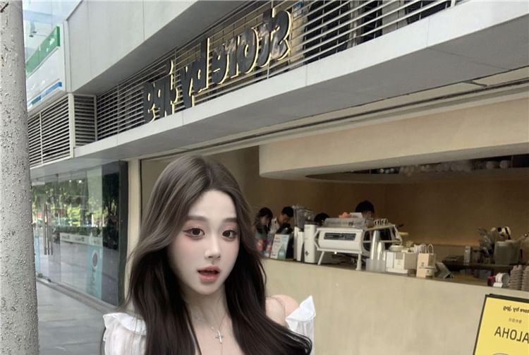 Long Sleeve V-Neck Plain Ruffle Bow Blouse