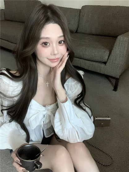 Long Sleeve V-Neck Plain Ruffle Bow Blouse