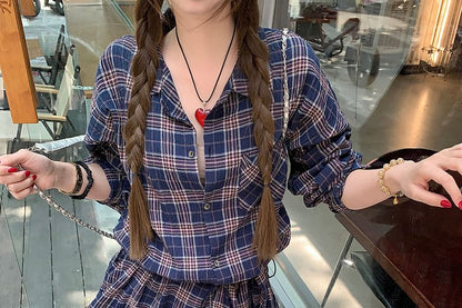 Long Sleeve Collared Plaid Tie-Up Shirt