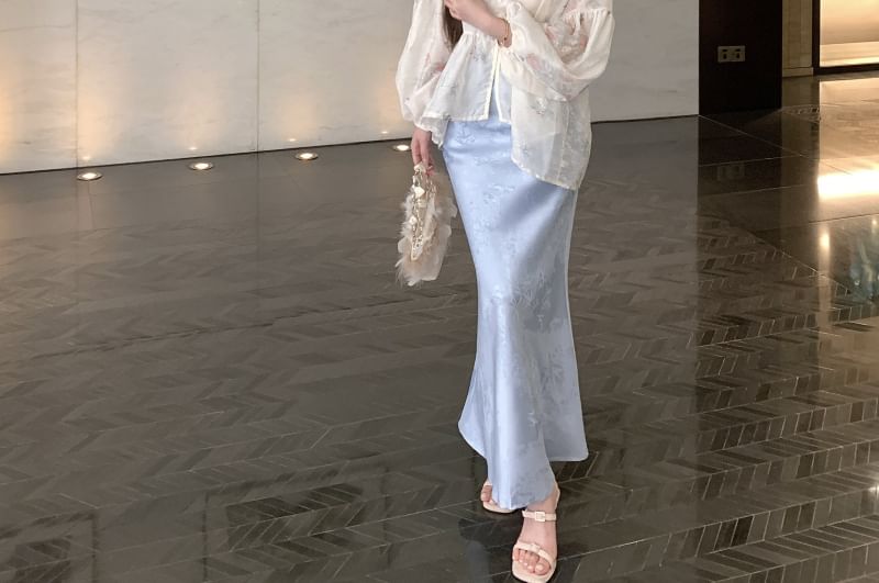 Long Sleeve Stand Collar Floral Print Peplum Blouse / Plain Camisole / High Waist Jacquard Maxi Fishtail Skirt / Set