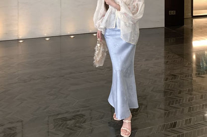 Long Sleeve Stand Collar Floral Print Peplum Blouse / Plain Camisole / High Waist Jacquard Maxi Fishtail Skirt / Set