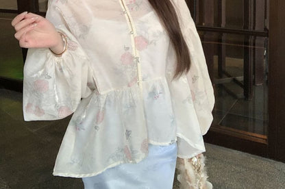 Long Sleeve Stand Collar Floral Print Peplum Blouse / Plain Camisole / High Waist Jacquard Maxi Fishtail Skirt / Set