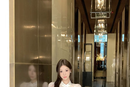 Long Sleeve Stand Collar Floral Print Peplum Blouse / Plain Camisole / High Waist Jacquard Maxi Fishtail Skirt / Set