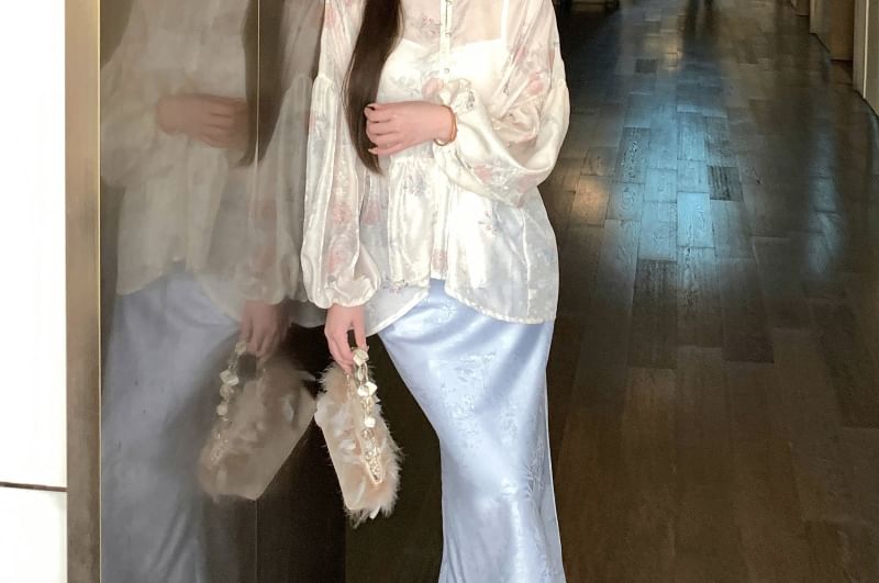 Long Sleeve Stand Collar Floral Print Peplum Blouse / Plain Camisole / High Waist Jacquard Maxi Fishtail Skirt / Set