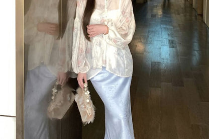 Long Sleeve Stand Collar Floral Print Peplum Blouse / Plain Camisole / High Waist Jacquard Maxi Fishtail Skirt / Set