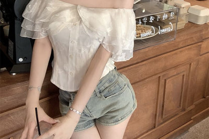 Short Sleeve Off Shoulder Plain Ruffle Blouse