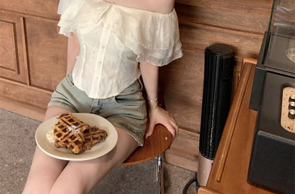 Short Sleeve Off Shoulder Plain Ruffle Blouse