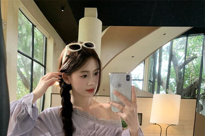 Long Sleeve One Shoulder Plain Panel Lace Trim Blouse