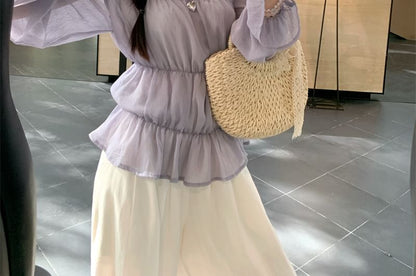 Long Sleeve One Shoulder Plain Panel Lace Trim Blouse